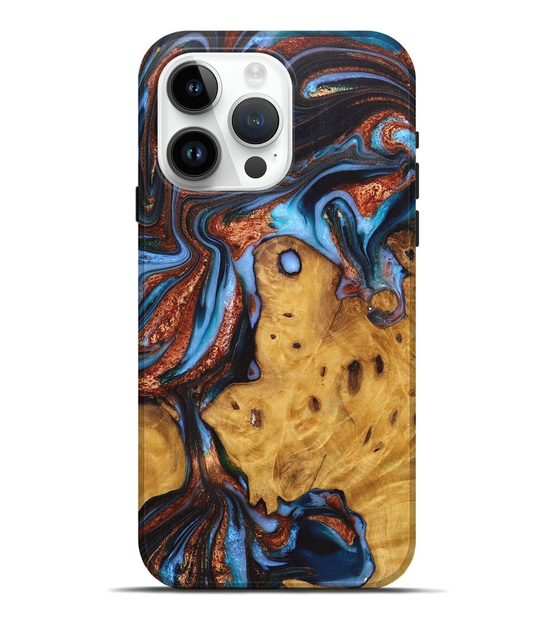 iPhone 15 Pro Max Wood Live Edge Phone Case - Kailey (Teal & Gold, 726621)