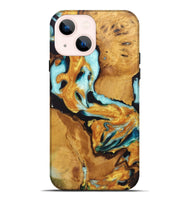 iPhone 14 Plus Wood Live Edge Phone Case - Tina (Teal & Gold, 726622)