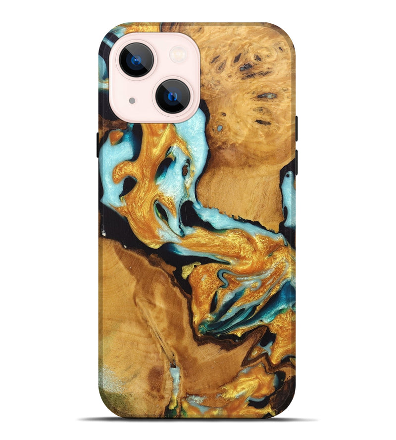 iPhone 14 Plus Wood Live Edge Phone Case - Tina (Teal & Gold, 726622)