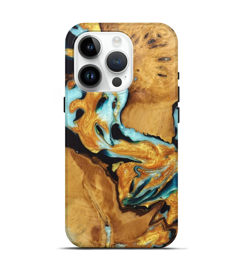 iPhone 15 Pro Wood Live Edge Phone Case - Tina (Teal & Gold, 726622)