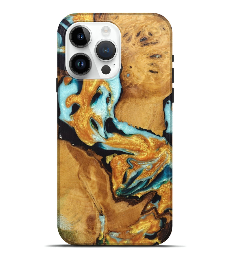 iPhone 15 Pro Max Wood Live Edge Phone Case - Tina (Teal & Gold, 726622)