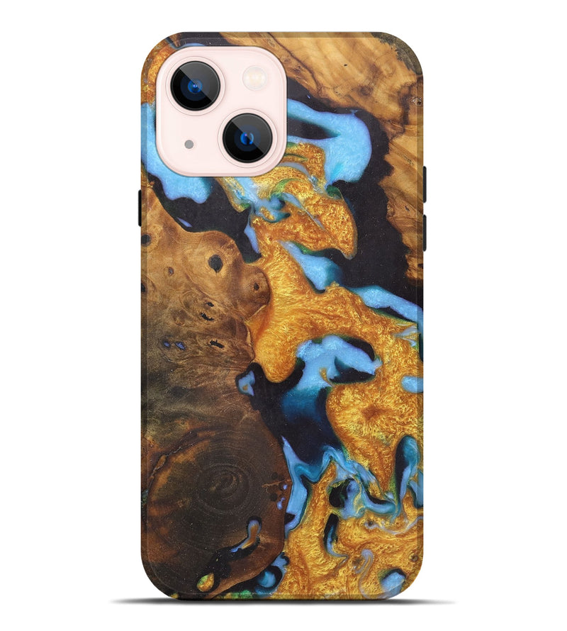 iPhone 14 Plus Wood Live Edge Phone Case - Dionne (Teal & Gold, 726679)