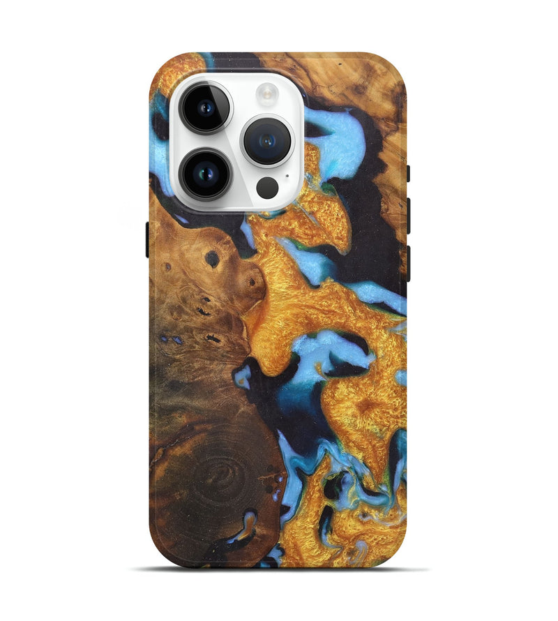 iPhone 15 Pro Wood Live Edge Phone Case - Dionne (Teal & Gold, 726679)