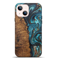 iPhone 14 Plus Wood Live Edge Phone Case - Josue (Teal & Gold, 726680)