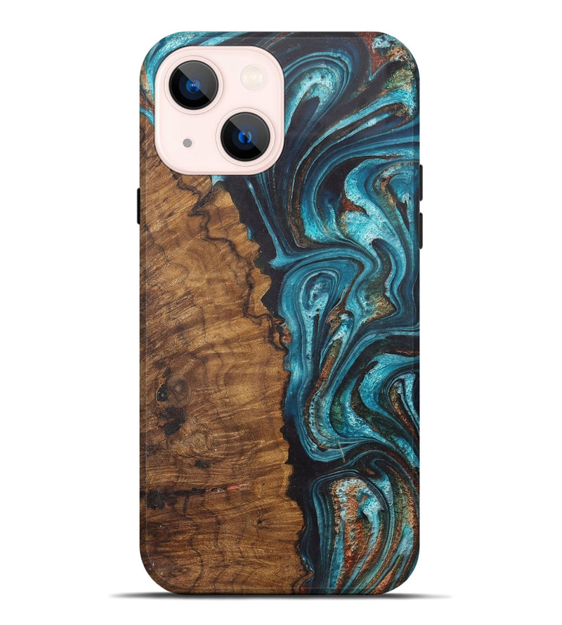 iPhone 14 Plus Wood Live Edge Phone Case - Josue (Teal & Gold, 726680)