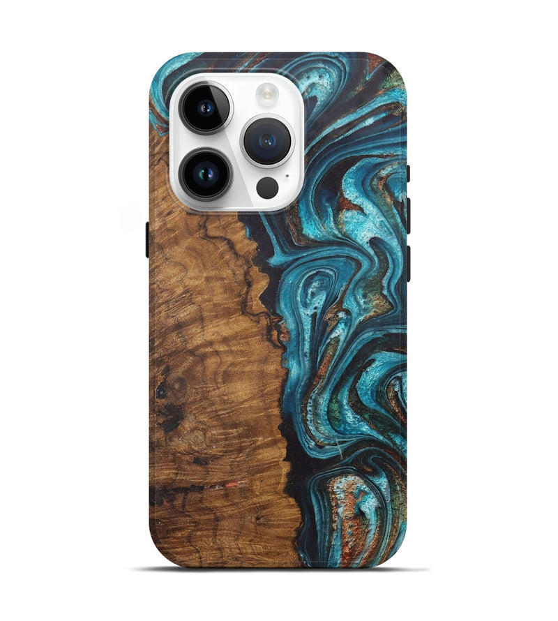 iPhone 15 Pro Wood Live Edge Phone Case - Josue (Teal & Gold, 726680)