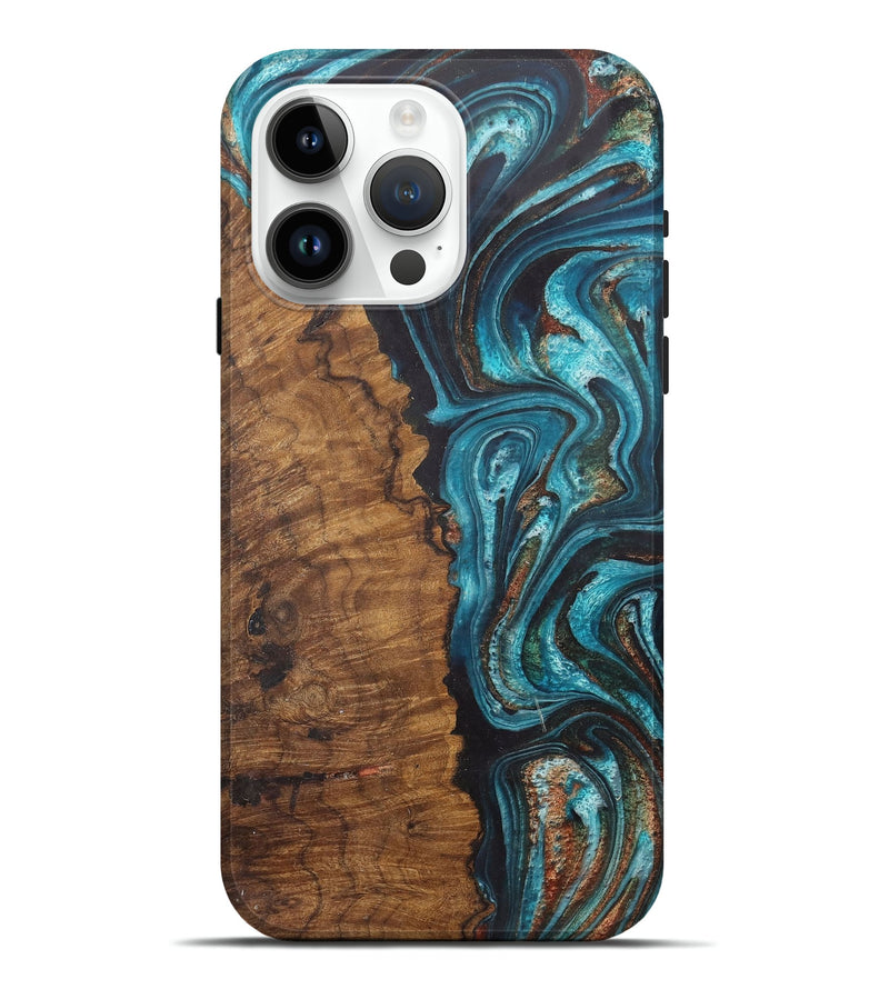 iPhone 15 Pro Max Wood Live Edge Phone Case - Josue (Teal & Gold, 726680)