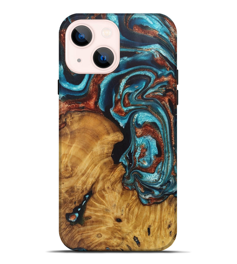 iPhone 14 Plus Wood Live Edge Phone Case - Lamont (Teal & Gold, 726681)