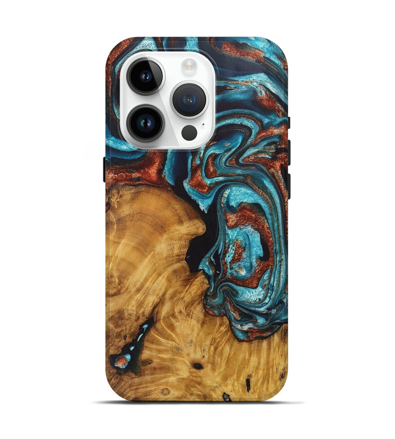 iPhone 15 Pro Wood Live Edge Phone Case - Lamont (Teal & Gold, 726681)