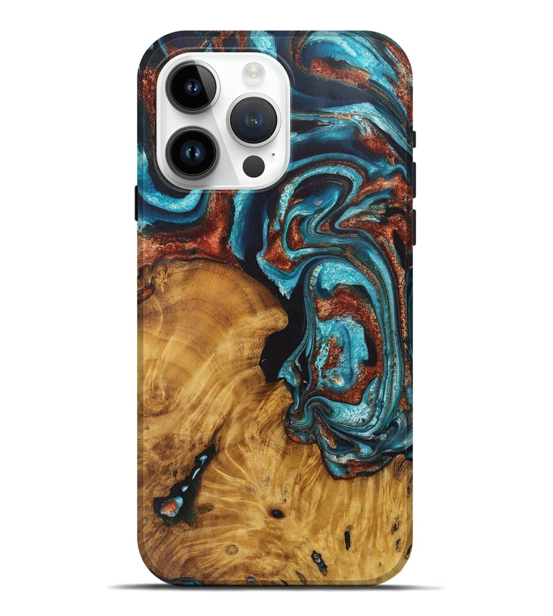 iPhone 15 Pro Max Wood Live Edge Phone Case - Lamont (Teal & Gold, 726681)