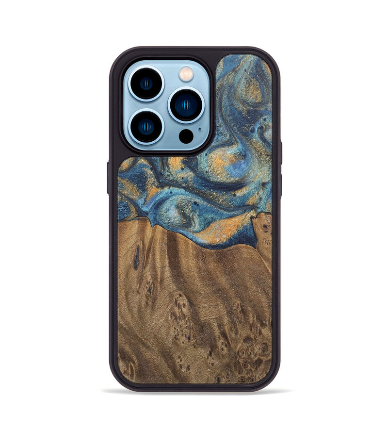 iPhone 14 Pro Wood Phone Case - Kishore (Teal & Gold, 727115)