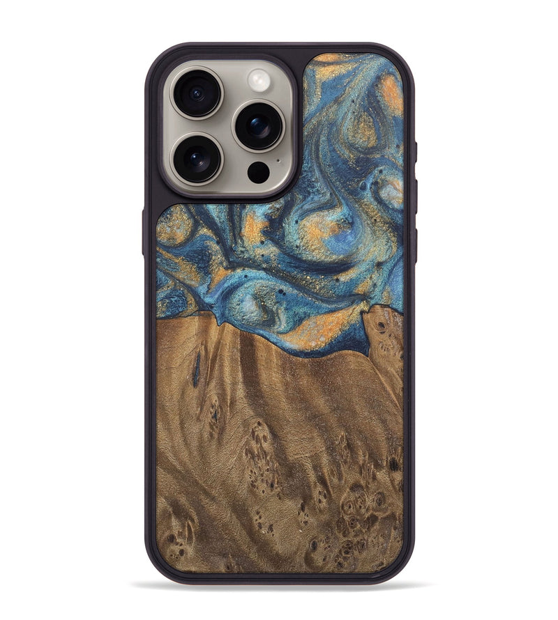 iPhone 15 Pro Max Wood Phone Case - Kishore (Teal & Gold, 727115)