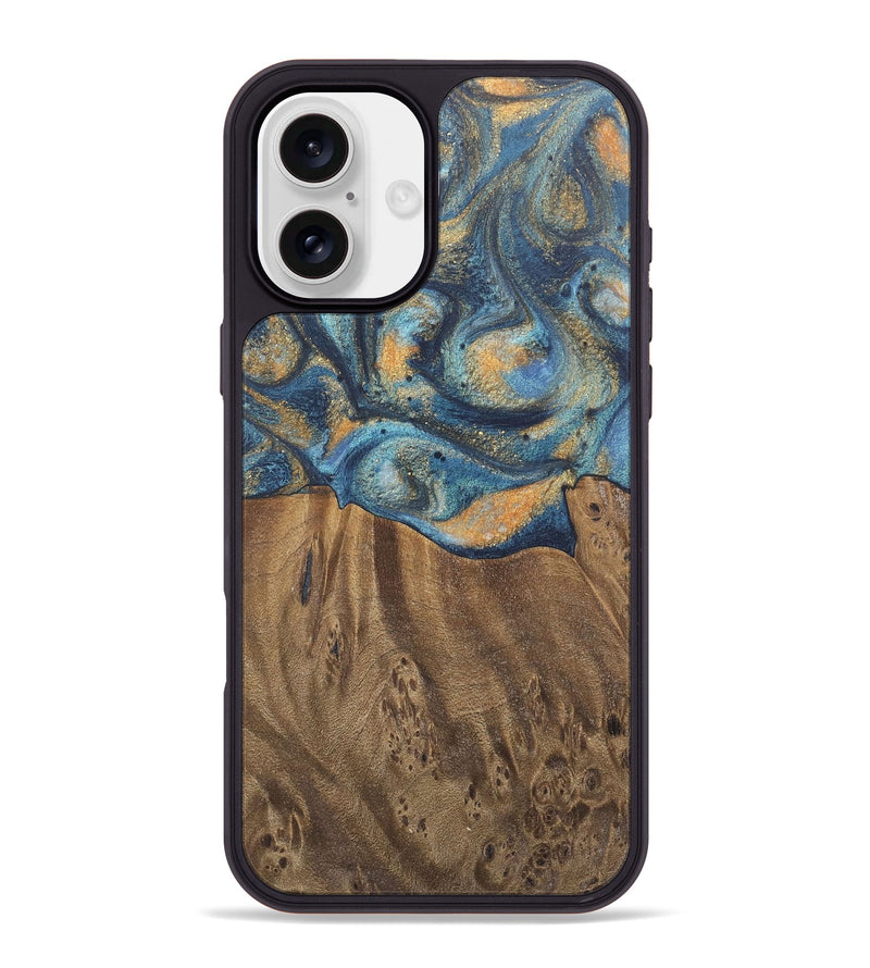 iPhone 16 Plus Wood Phone Case - Kishore (Teal & Gold, 727115)