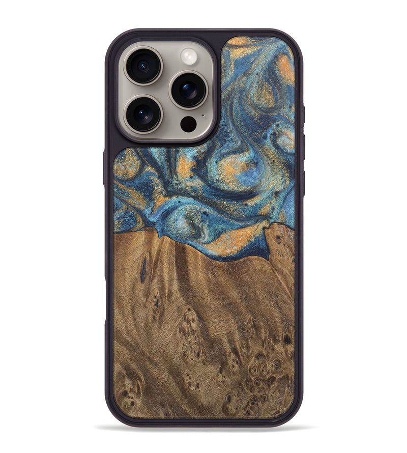 iPhone 16 Pro Max Wood Phone Case - Kishore (Teal & Gold, 727115)