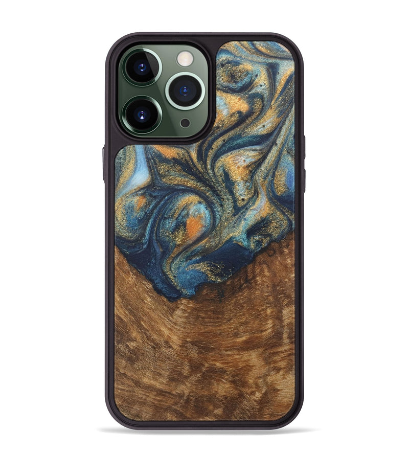 iPhone 13 Pro Max Wood Phone Case - Johnathan (Teal & Gold, 727118)