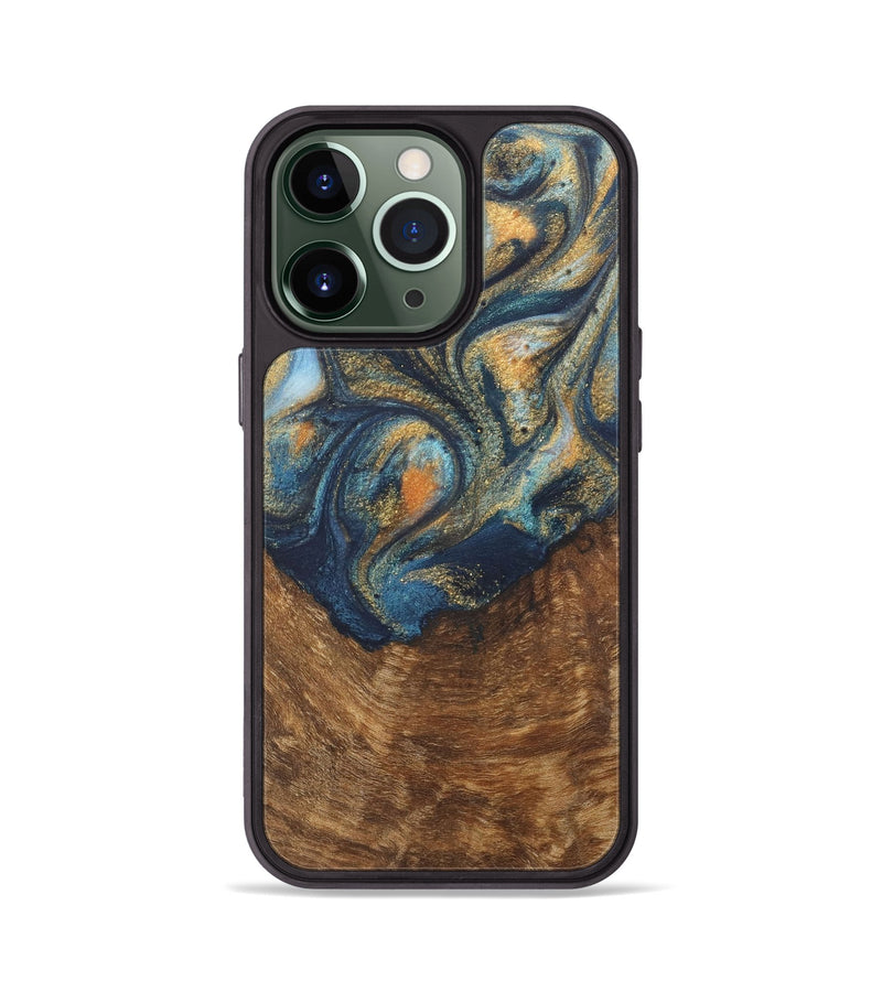 iPhone 13 Pro Wood Phone Case - Johnathan (Teal & Gold, 727118)