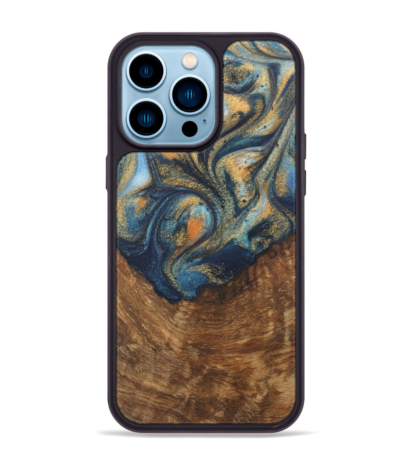 iPhone 14 Pro Max Wood Phone Case - Johnathan (Teal & Gold, 727118)