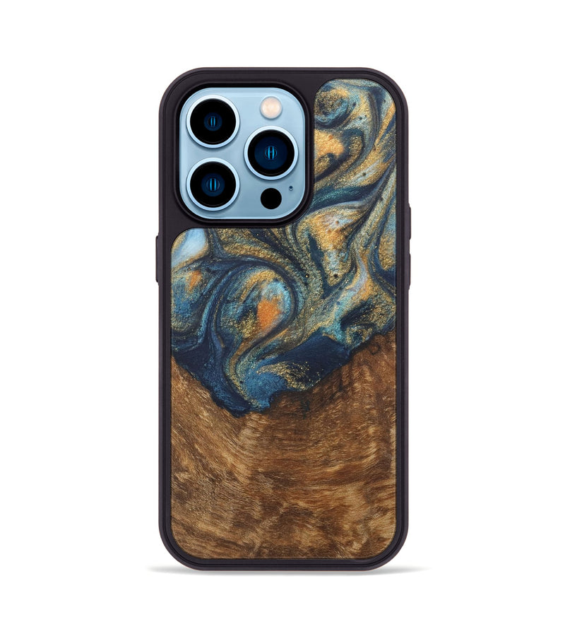 iPhone 14 Pro Wood Phone Case - Johnathan (Teal & Gold, 727118)