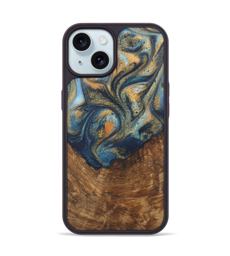 iPhone 15 Wood Phone Case - Johnathan (Teal & Gold, 727118)