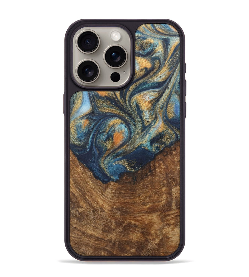 iPhone 15 Pro Max Wood Phone Case - Johnathan (Teal & Gold, 727118)