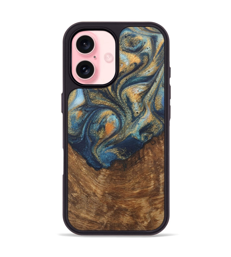 iPhone 16 Wood Phone Case - Johnathan (Teal & Gold, 727118)