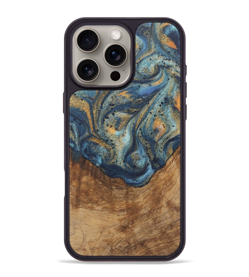 iPhone 16 Pro Max Wood Phone Case - Atticus (Teal & Gold, 727119)