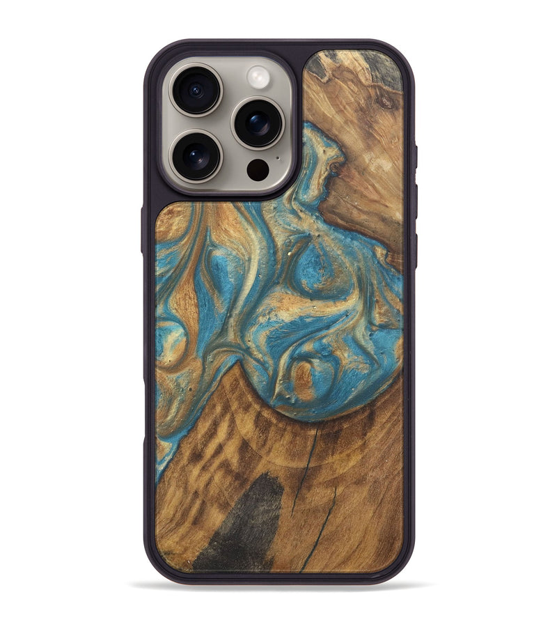 iPhone 16 Pro Max Wood Phone Case - Holli (Teal & Gold, 727121)