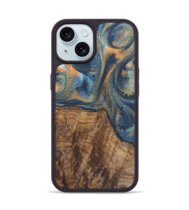 iPhone 15 Wood Phone Case - Bryn (Teal & Gold, 727122)