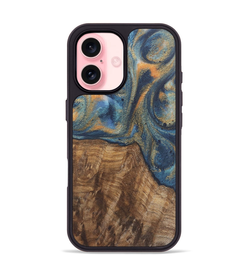 iPhone 16 Wood Phone Case - Bryn (Teal & Gold, 727122)