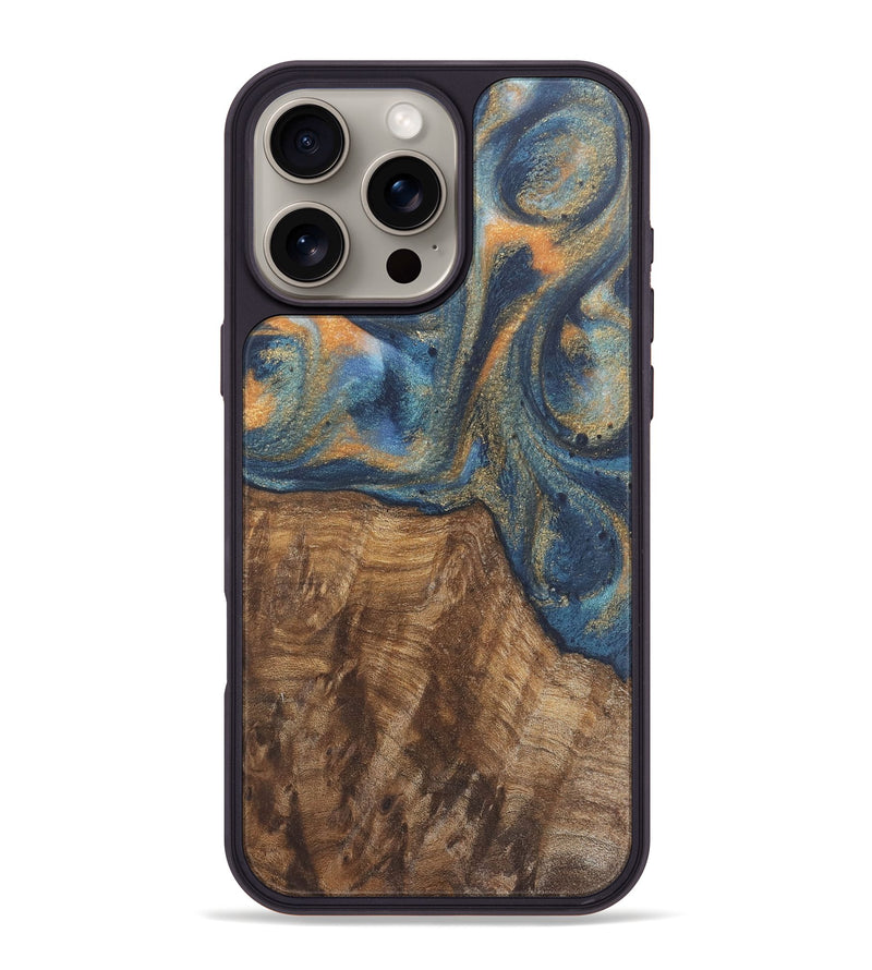 iPhone 16 Pro Max Wood Phone Case - Bryn (Teal & Gold, 727122)