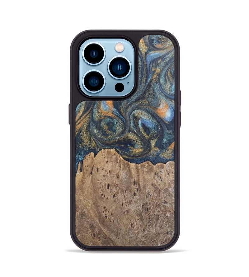 iPhone 14 Pro Wood Phone Case - Jaylen (Teal & Gold, 727126)