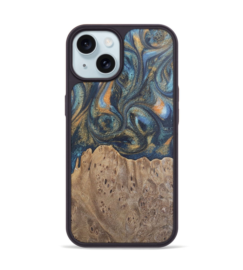 iPhone 15 Wood Phone Case - Jaylen (Teal & Gold, 727126)