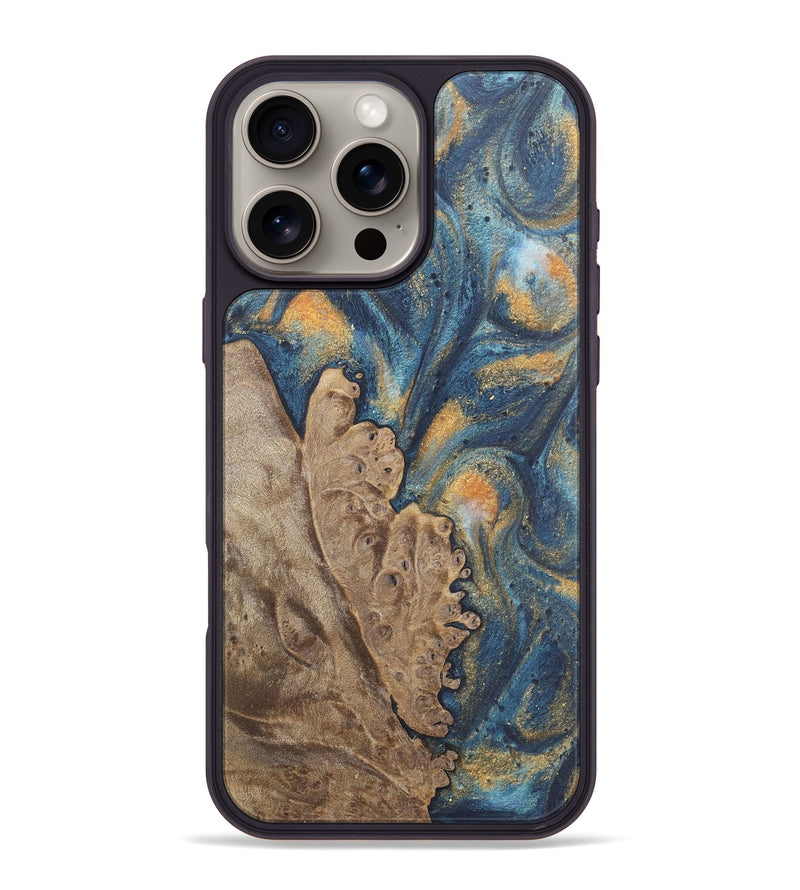 iPhone 16 Pro Max Wood Phone Case - Marriet (Teal & Gold, 727129)