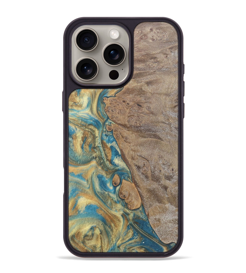 iPhone 16 Pro Max Wood Phone Case - Ernesta (Teal & Gold, 727130)