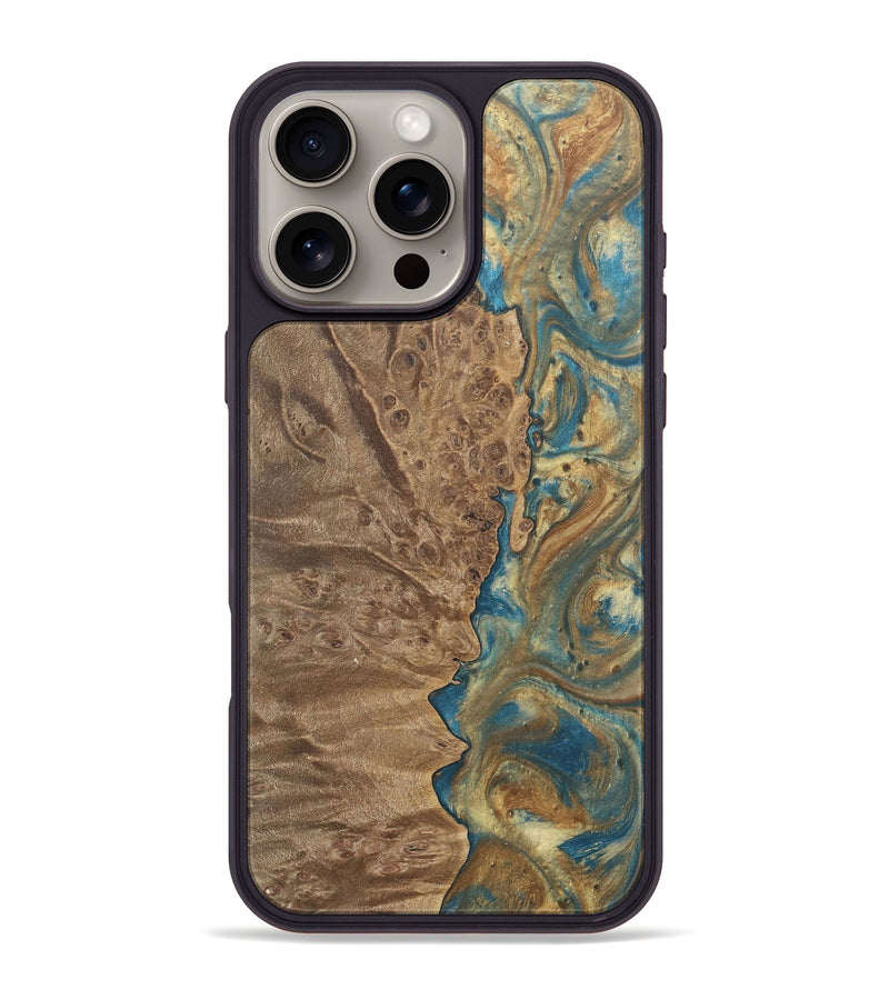 iPhone 16 Pro Max Wood Phone Case - Blancha (Teal & Gold, 727143)