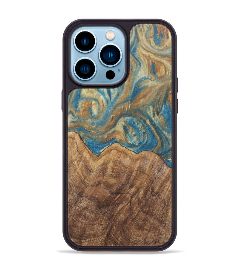 iPhone 14 Pro Max Wood Phone Case - Mallorie (Teal & Gold, 727144)