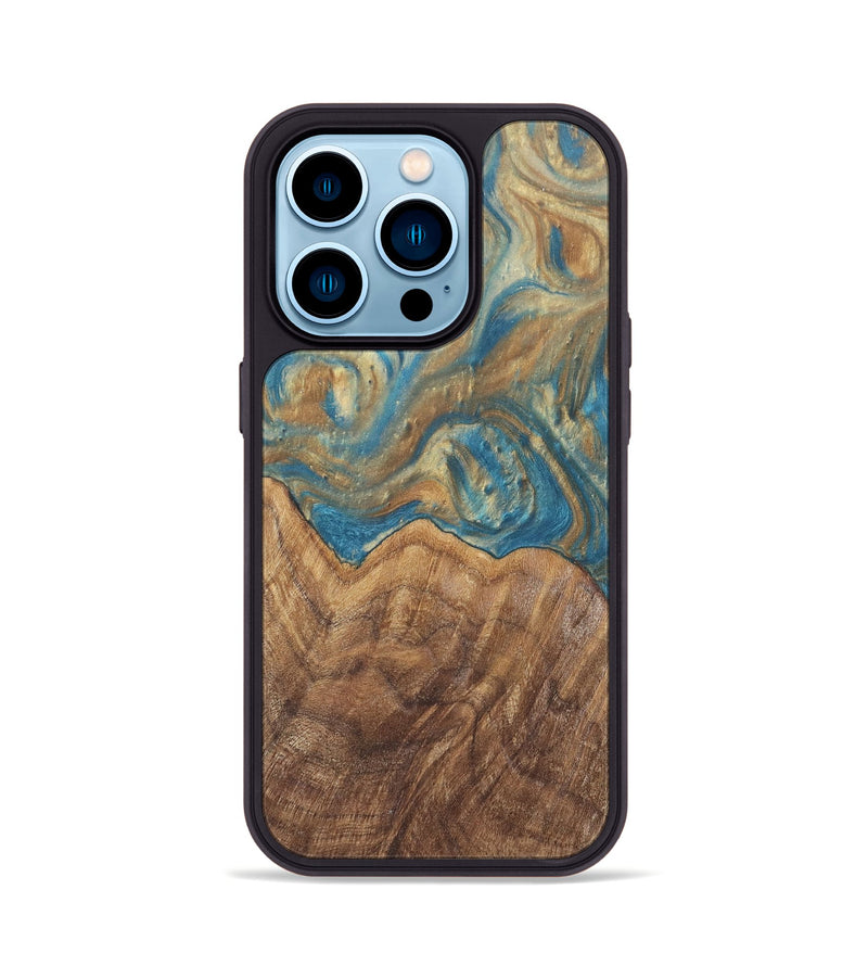 iPhone 14 Pro Wood Phone Case - Mallorie (Teal & Gold, 727144)