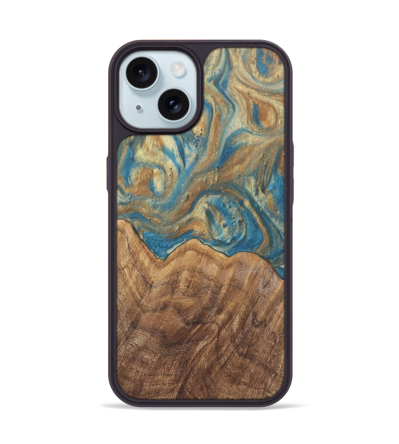 iPhone 15 Wood Phone Case - Mallorie (Teal & Gold, 727144)