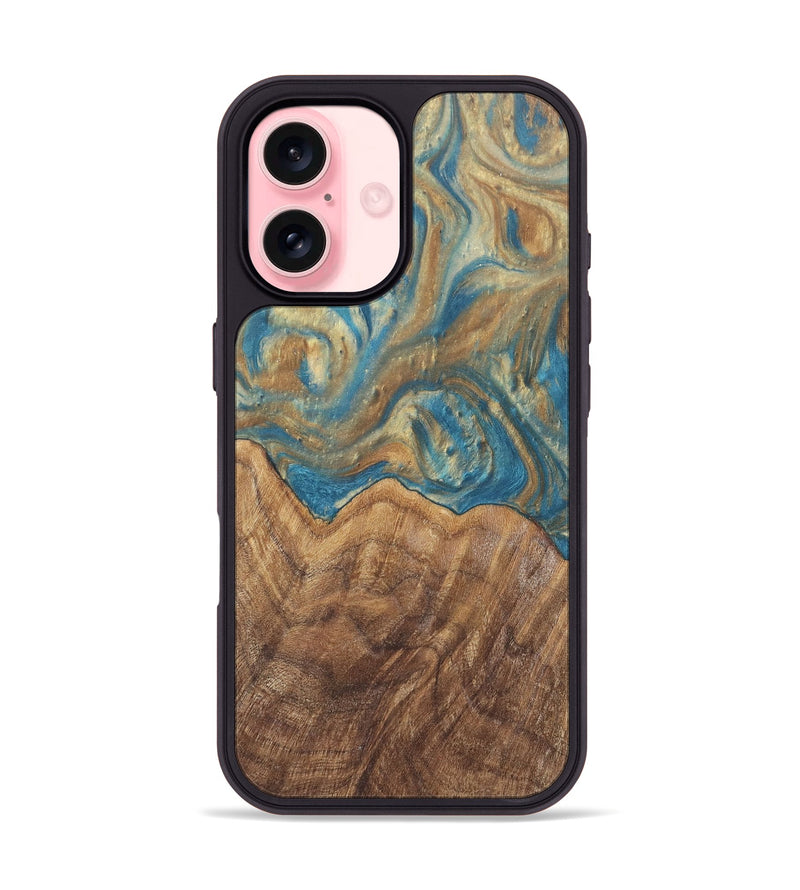 iPhone 16 Wood Phone Case - Mallorie (Teal & Gold, 727144)