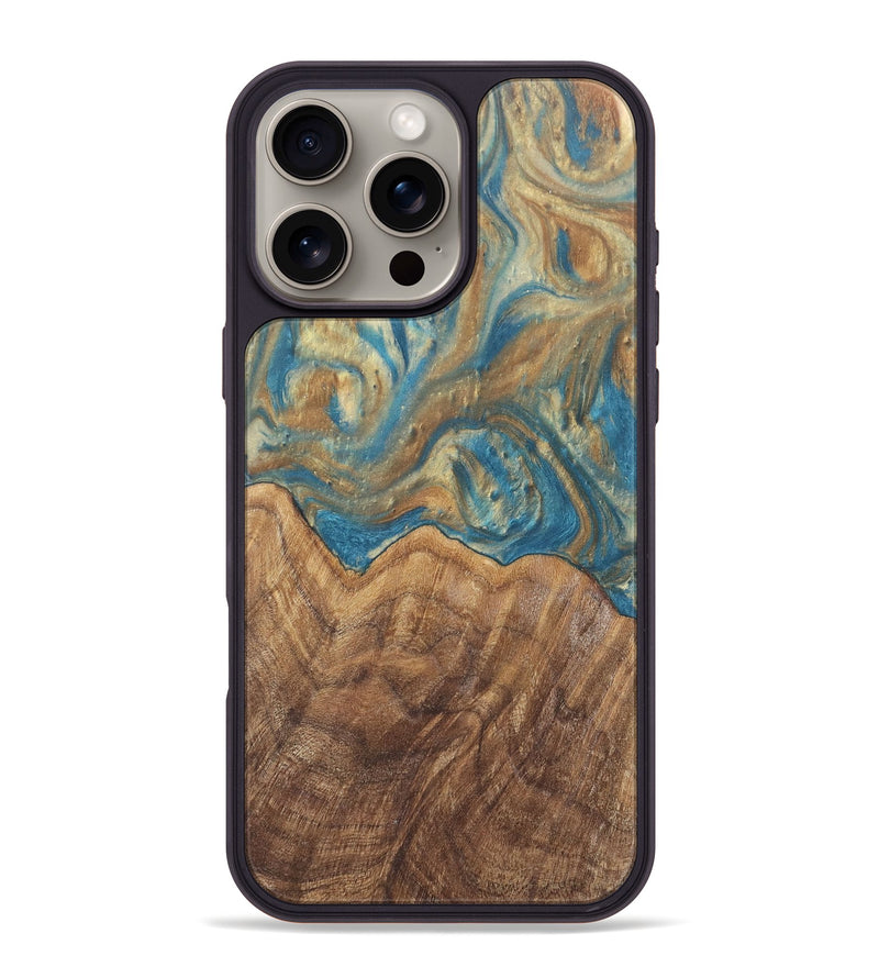 iPhone 16 Pro Max Wood Phone Case - Mallorie (Teal & Gold, 727144)