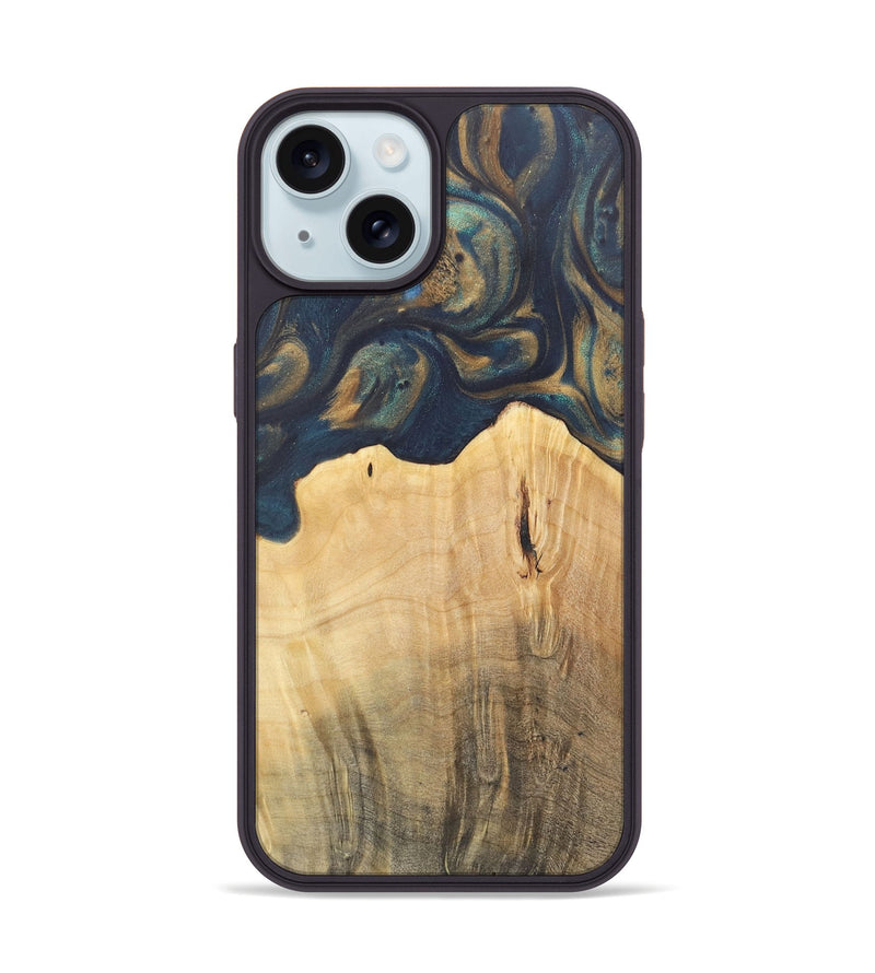 iPhone 15 Wood Phone Case - Doortje (Teal & Gold, 727147)