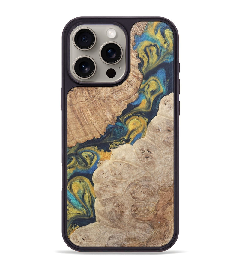 iPhone 16 Pro Max Wood Phone Case - Myrthille (Teal & Gold, 727148)