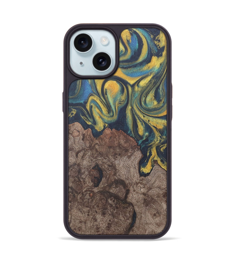 iPhone 15 Wood Phone Case - Lavonne (Teal & Gold, 727149)