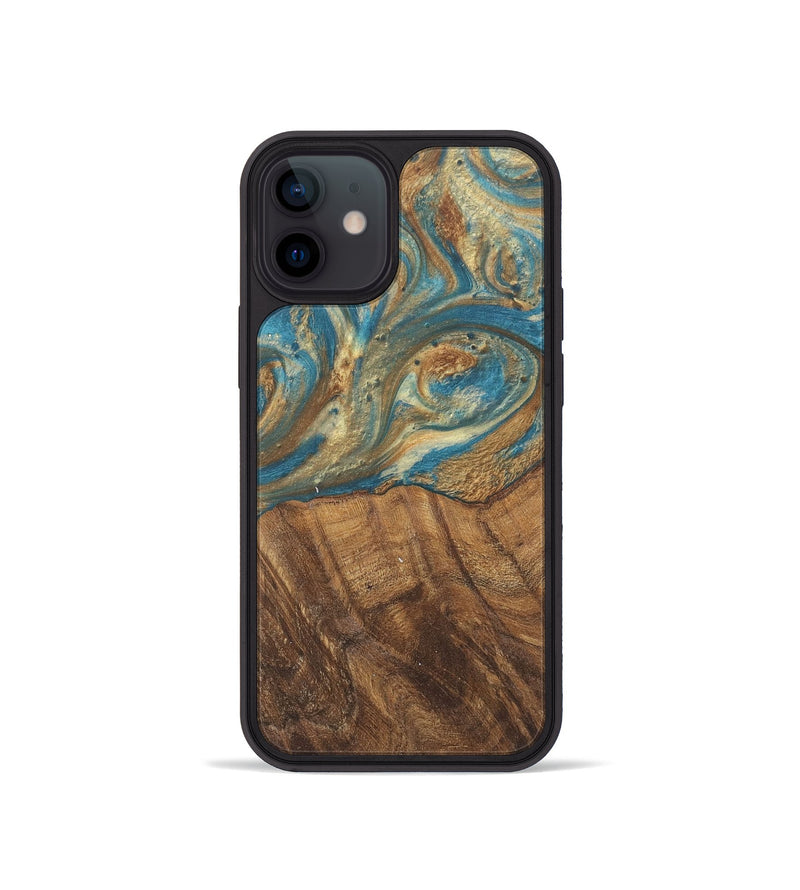 iPhone 12 mini Wood Phone Case - Andriana (Teal & Gold, 727158)