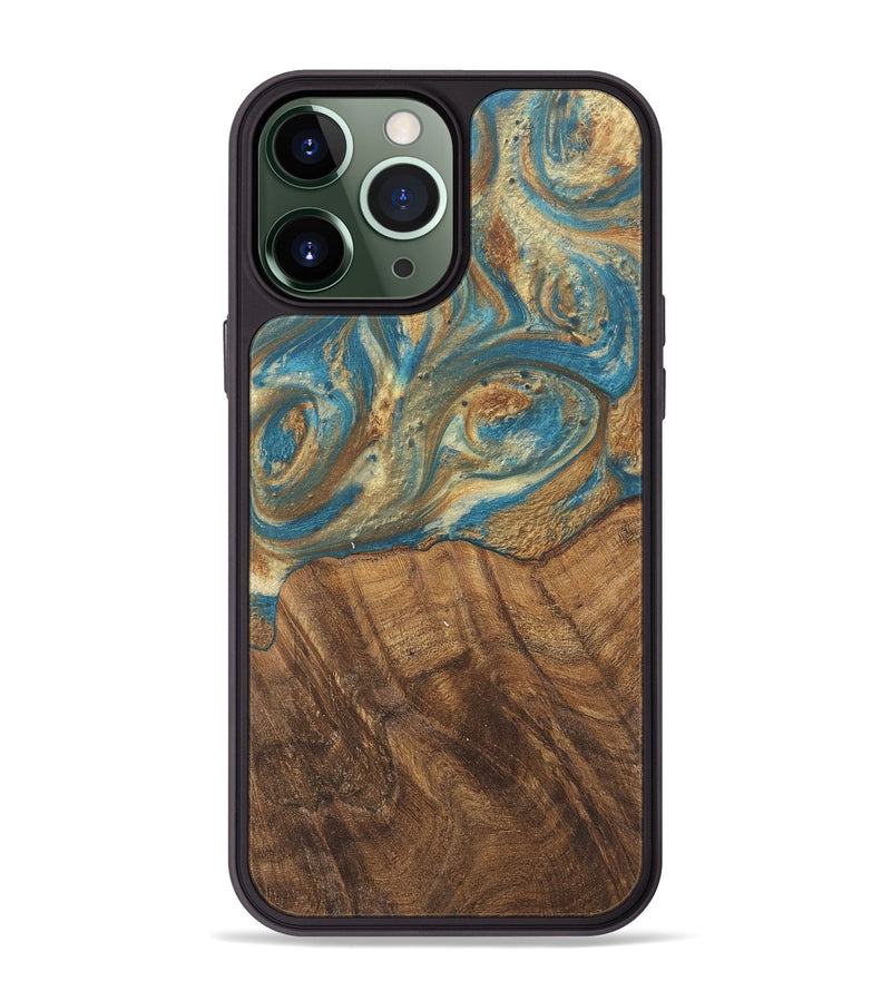 iPhone 13 Pro Max Wood Phone Case - Andriana (Teal & Gold, 727158)