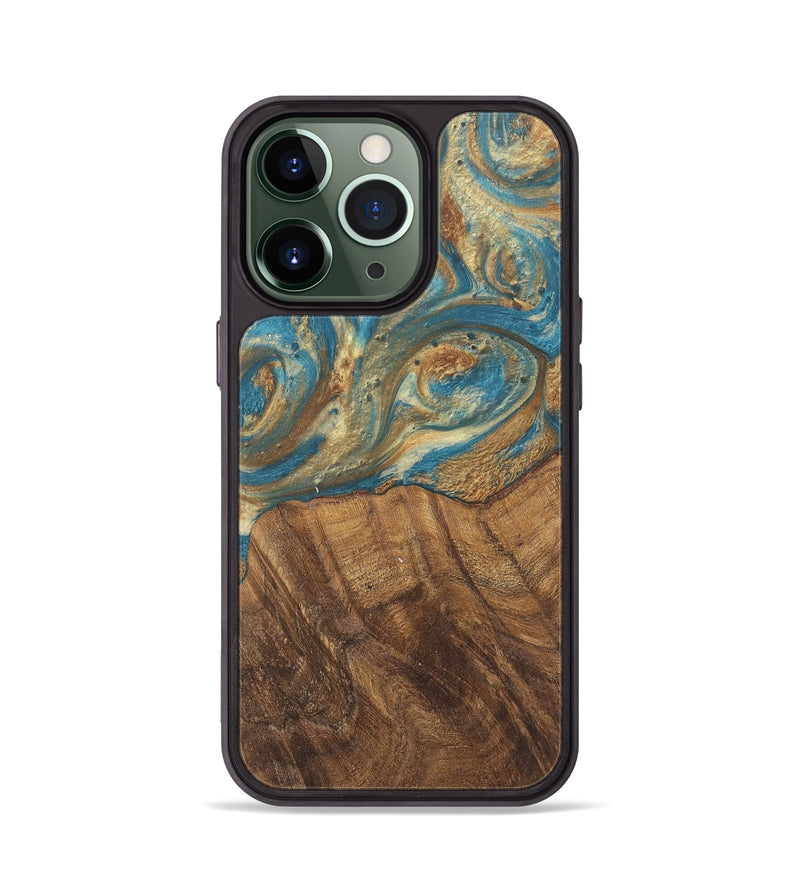 iPhone 13 Pro Wood Phone Case - Andriana (Teal & Gold, 727158)