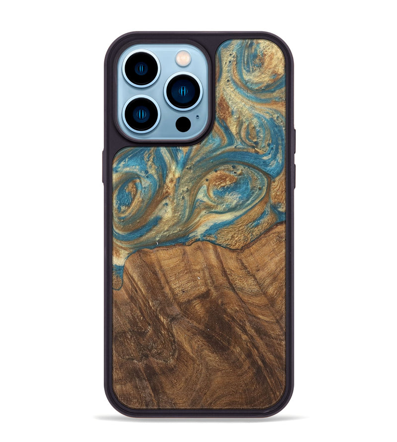 iPhone 14 Pro Max Wood Phone Case - Andriana (Teal & Gold, 727158)