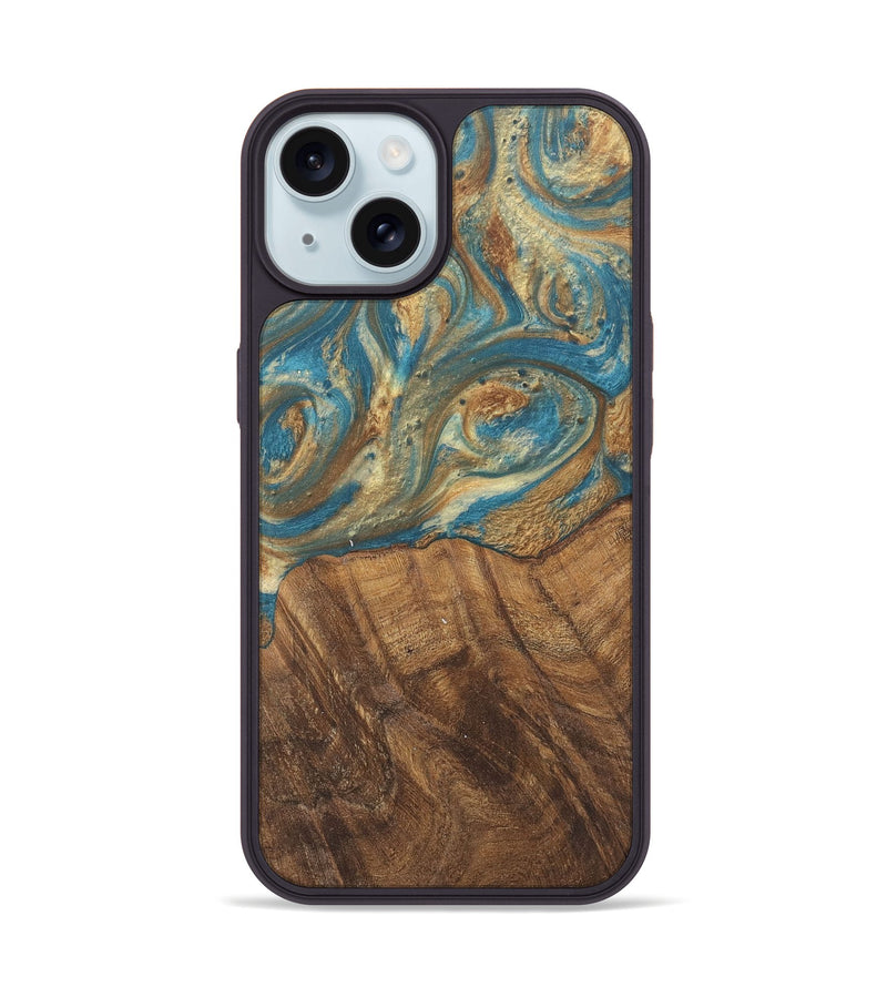 iPhone 15 Wood Phone Case - Andriana (Teal & Gold, 727158)