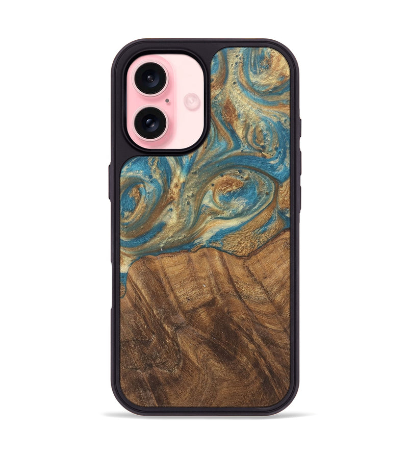 iPhone 16 Wood Phone Case - Andriana (Teal & Gold, 727158)