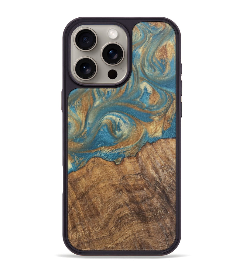 iPhone 16 Pro Max Wood Phone Case - Sergiu (Teal & Gold, 727163)